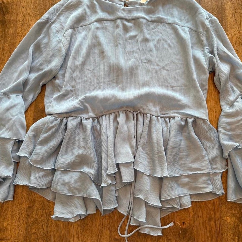 By Anthropologie Ruffle Tiered Long Sleeve Top Blue Gray Boho Textured XS